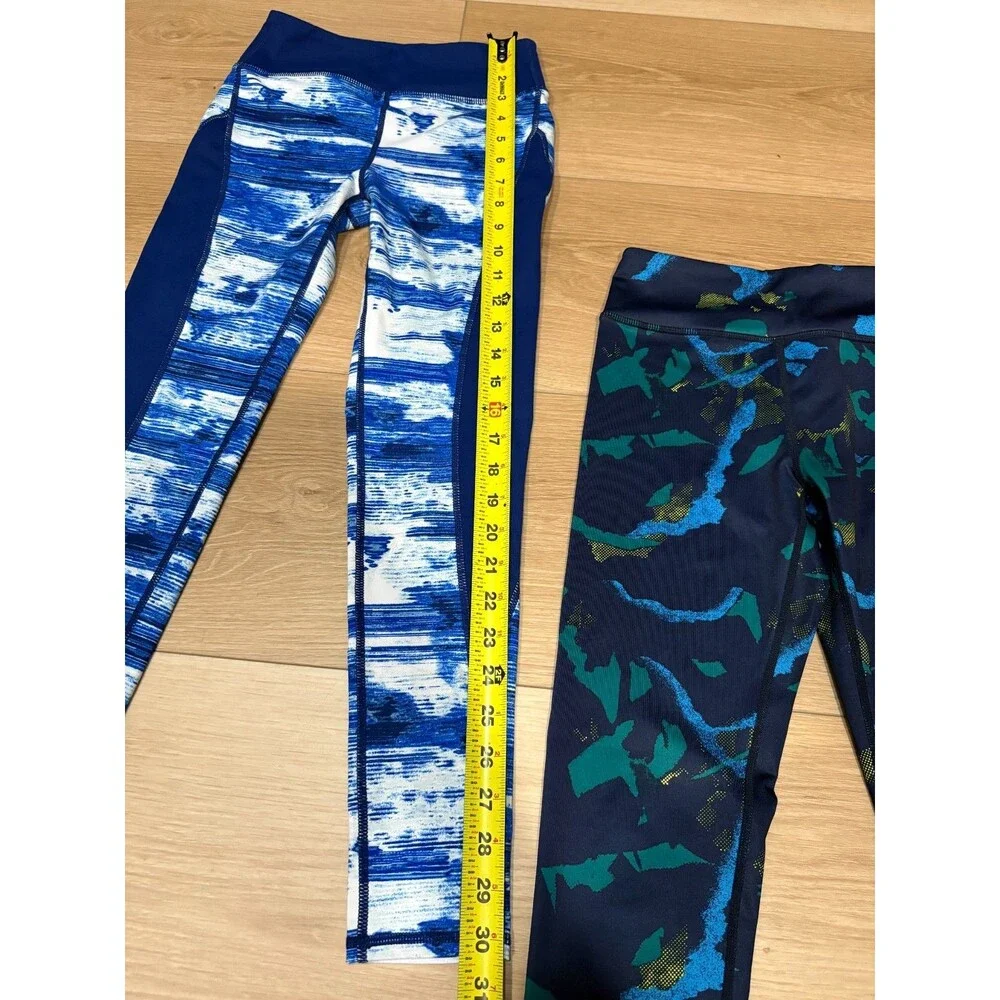 Lot of 2 Zella Girls Leggings Size M (8/10) Blue & Green Abstract Pattern Yoga P